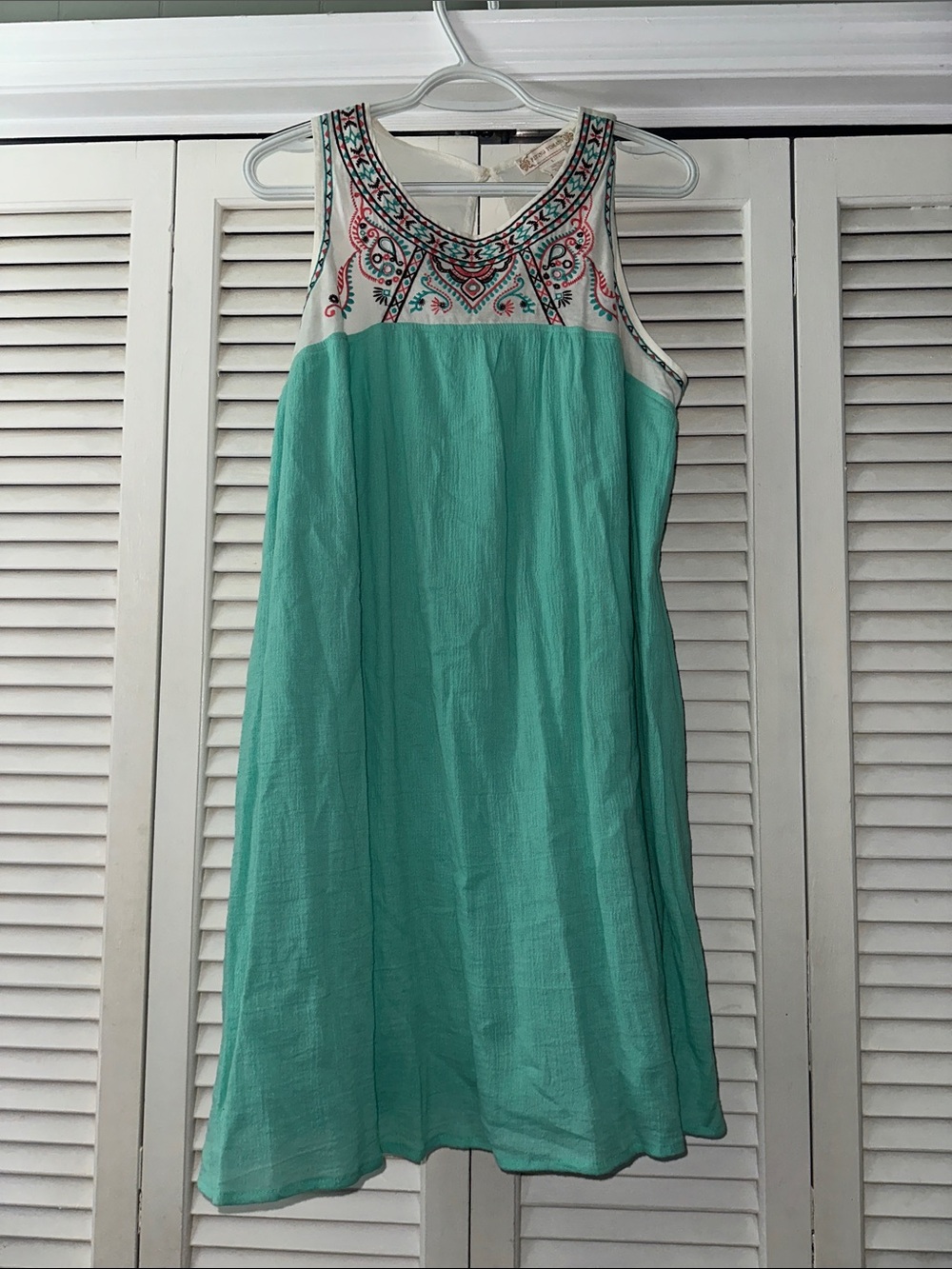 Flying Tomato Mint Green Sleeveless Embroidered Yoke Mini Dress